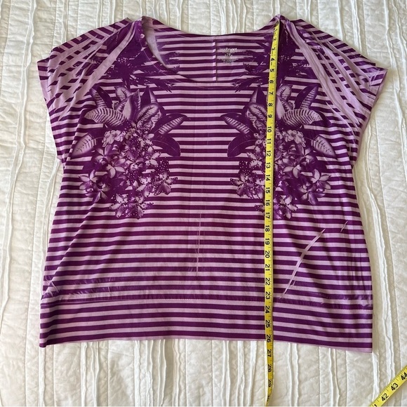 2/$30 Lane Bryant Purple Striped Floral Beaded Cold Shoulder Short Sleeve Top - Picture 10 of 11